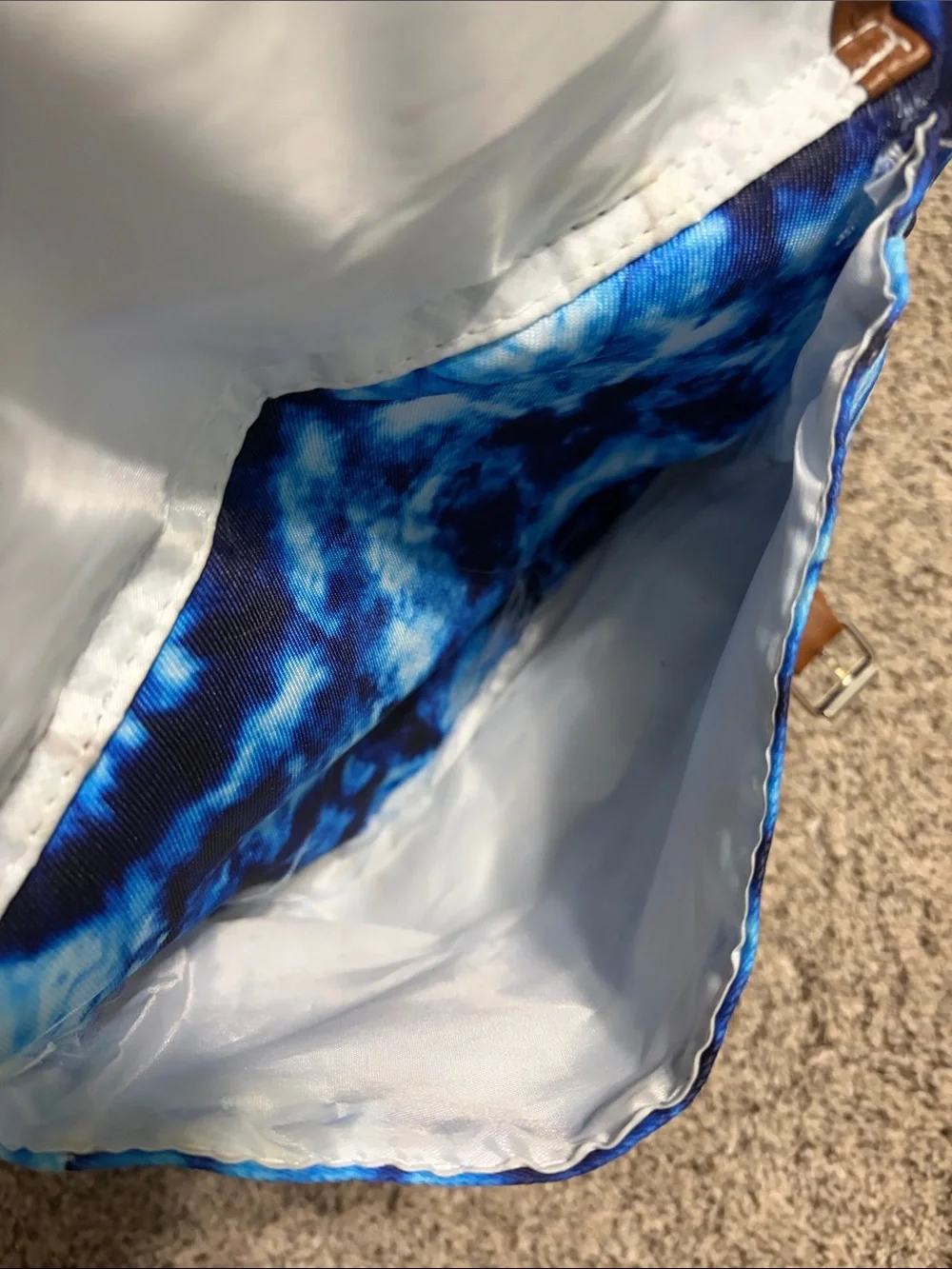 Blue Tie-Dye Canvas Backpack with Brown Trim